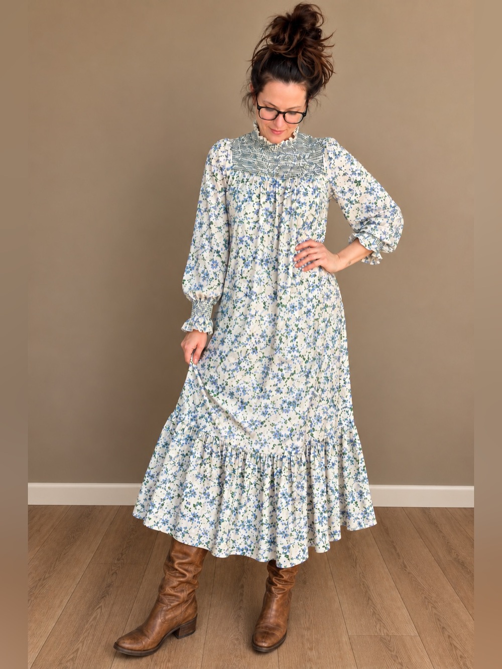 Zara Blue Floral Linen Blend Smocked Maxi Dress NWOT